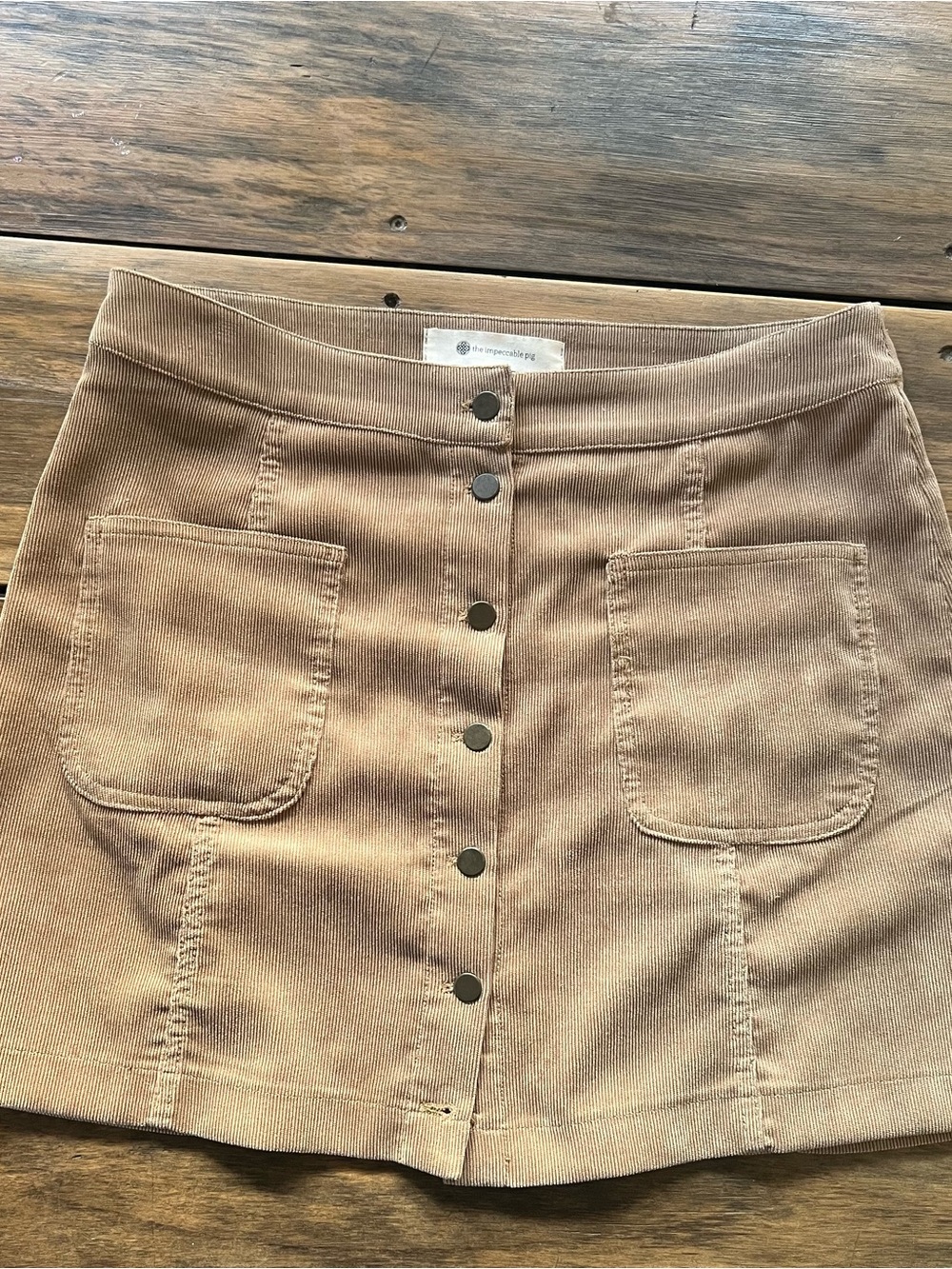 The Impeccable Pig Button-Front Corduroy Mini Skirt in Tan
